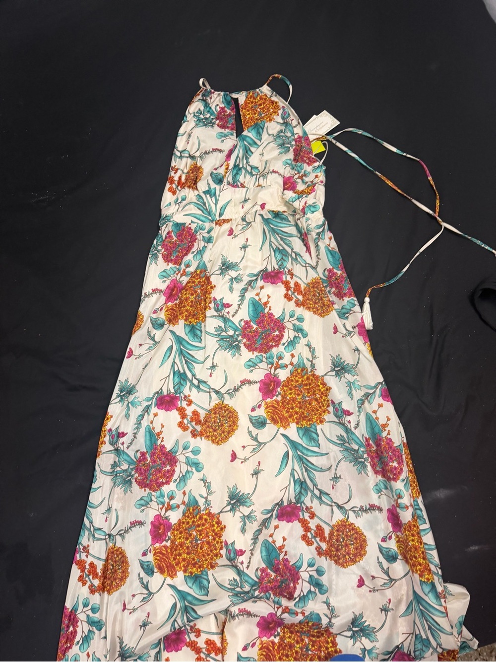 Floral Maxi Sundress - White with Teal & Pink Floral Print 100% silk